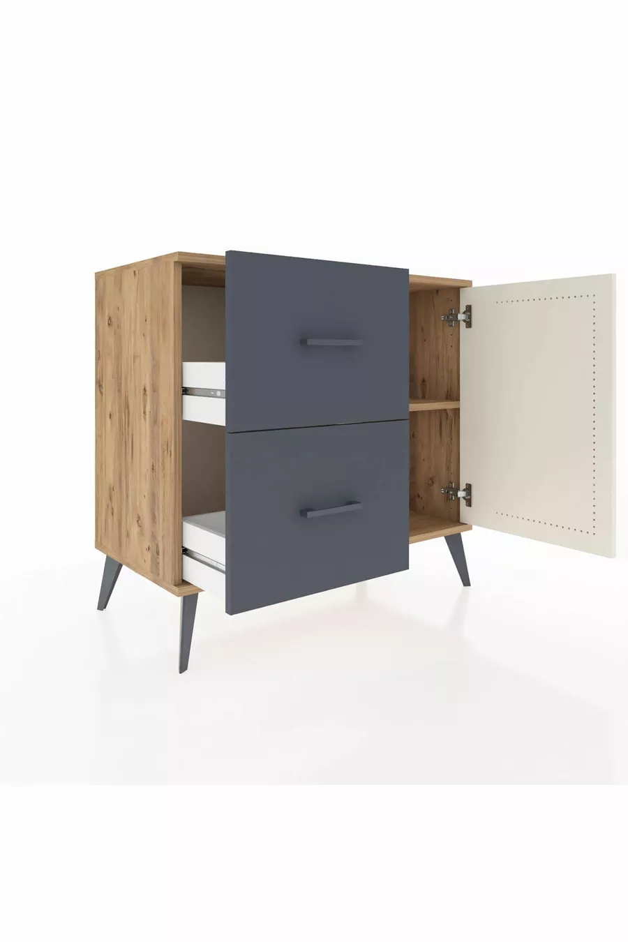 Commode Hyperion avec une seule étagère, 2 tiroirs et une porte, pin-gris/anthracite