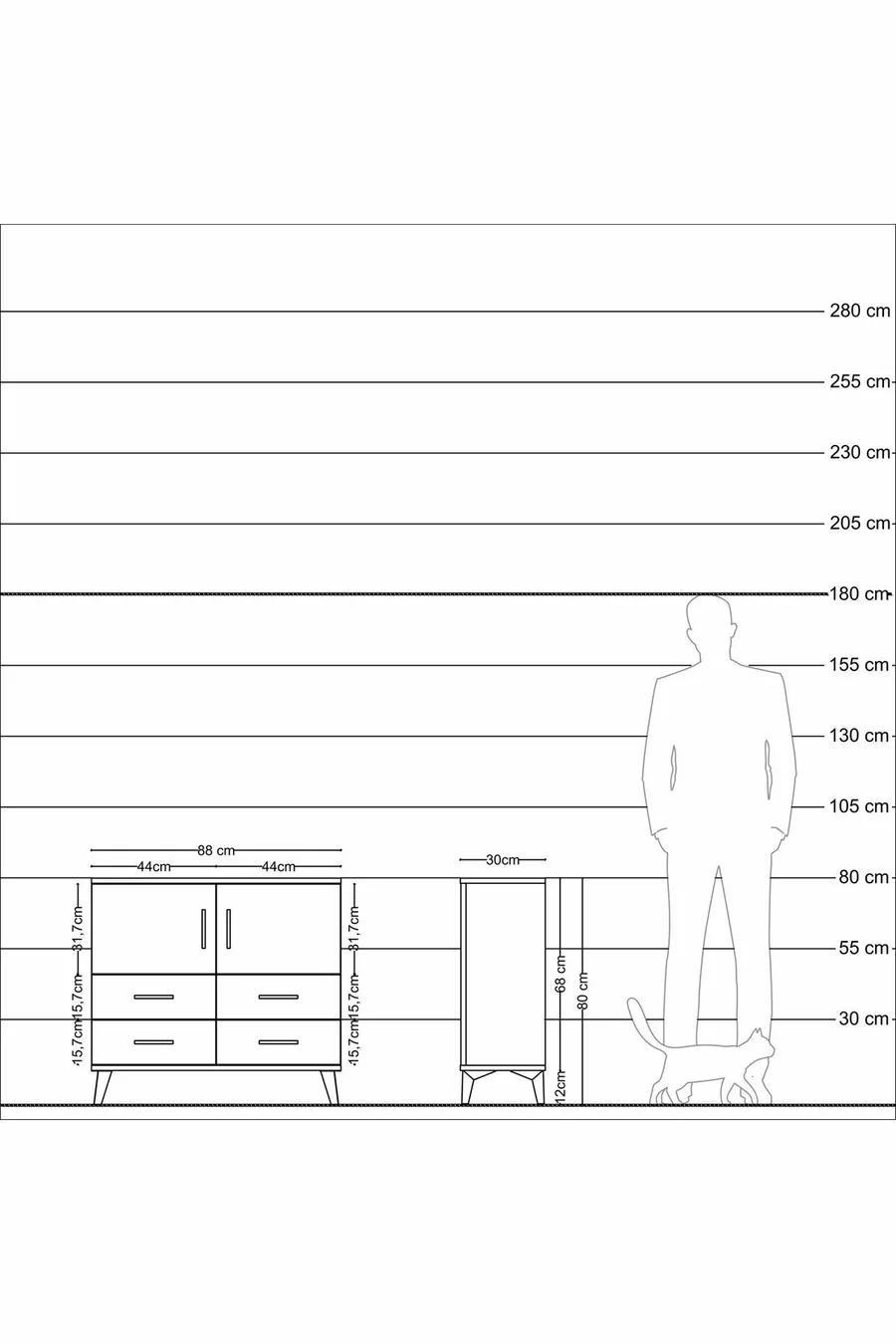 Commode Arges avec 2 étagères, 4 tiroirs et 2 portes, Pin-Anthracite/Pin