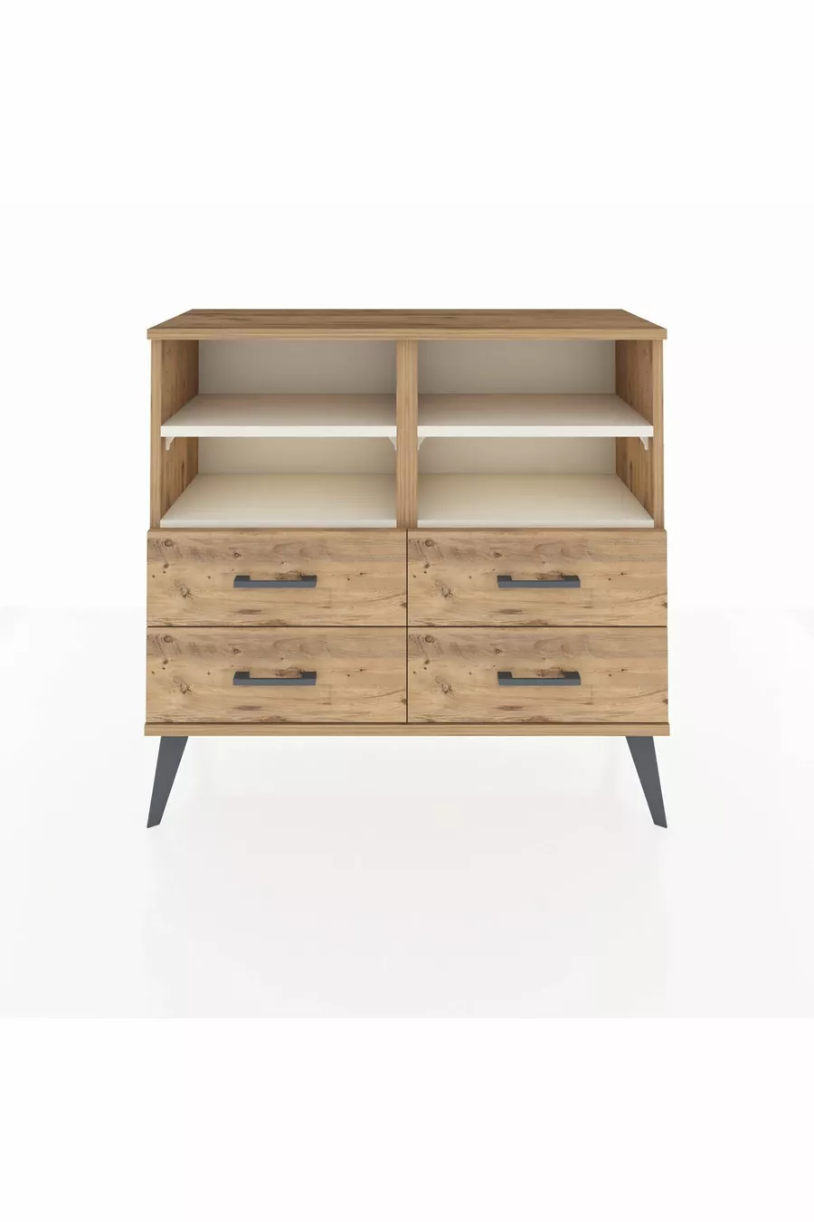 Commode Arges 4 étagères 4 tiroirs Pin-Pierre de Lune/Pin