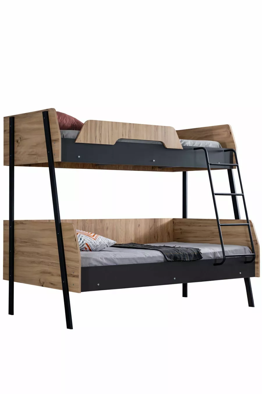 Lit superposé, Lit superposé double large Alba, cm - cm - Noyer-Anthracite + 2 matelas Comfort