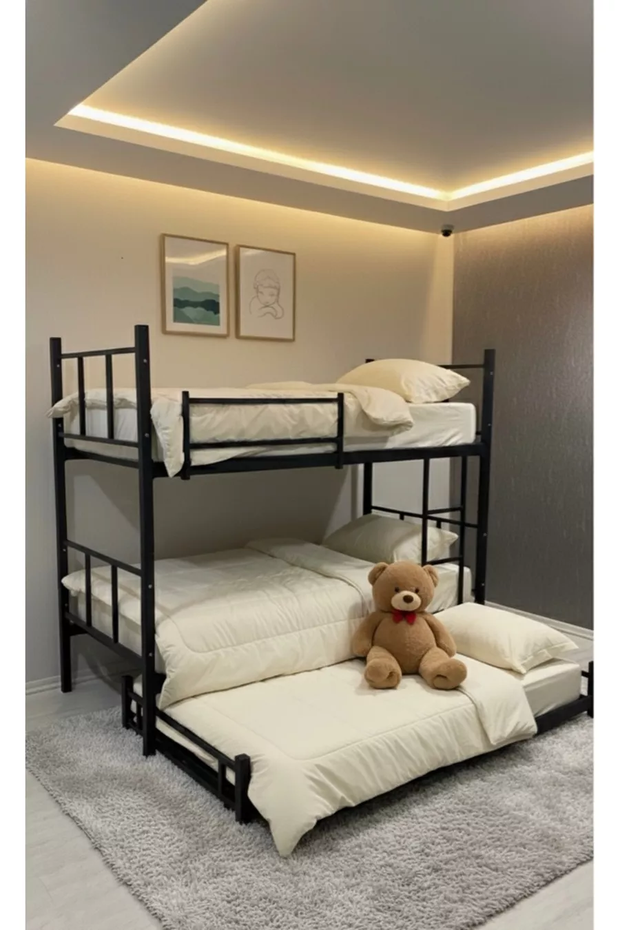 Lit superposé moderne avec étoiles, compatible avec lit, pour 3 personnes, lit superposé en métal noir