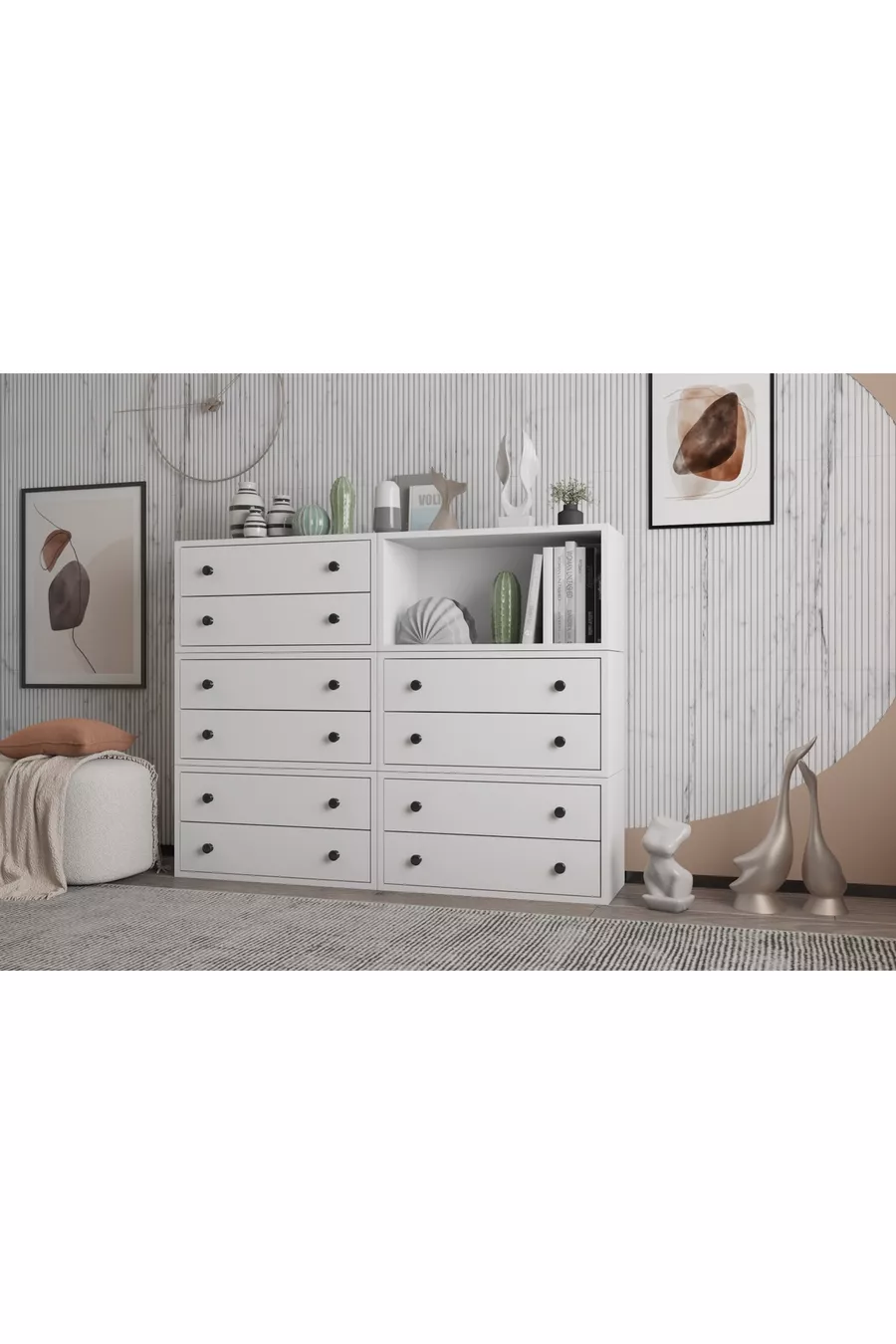 Commode blanche à dix tiroirs avec étagère, sans lattes