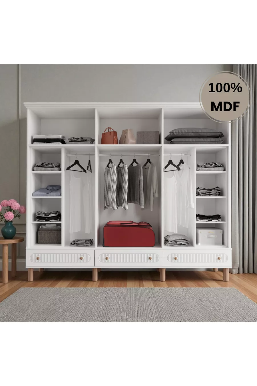 Armoire en MDF Comiet Sally avec miroir, 6 portes et tiroirs