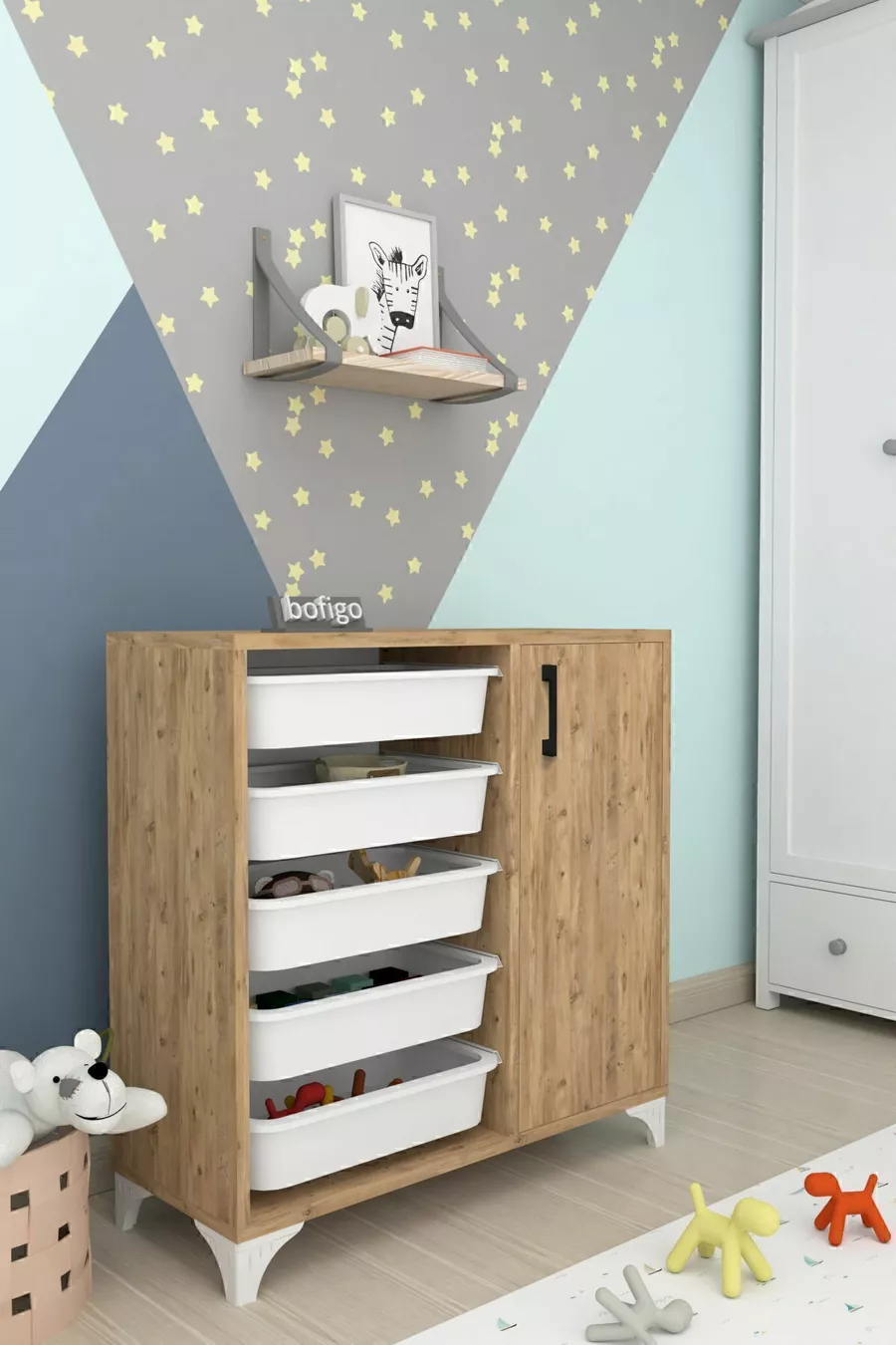 Armoire à 5 paniers, armoire polyvalente, armoire à jouets Kayra en pin