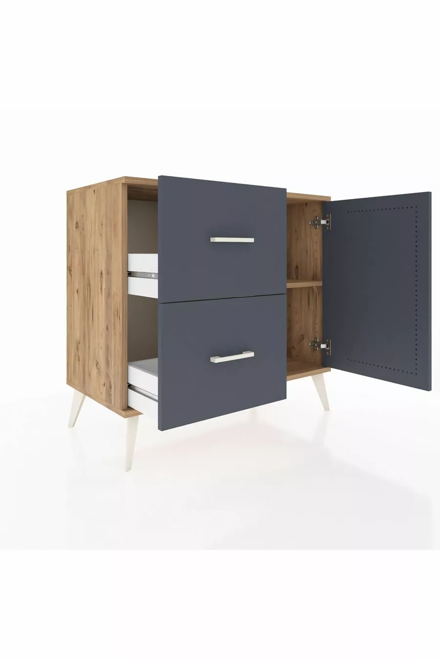 Commode Hyperion à une étagère, 2 tiroirs et une porte, pin-anthracite