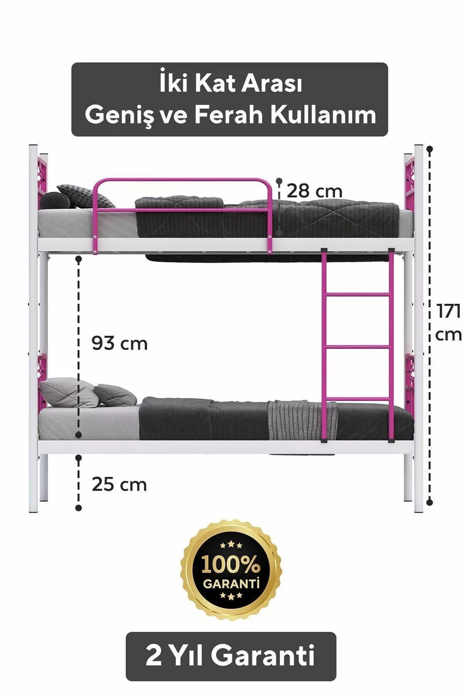 Lit superposé Koza Ranza compatible avec matelas, rose foncé, métal détachable