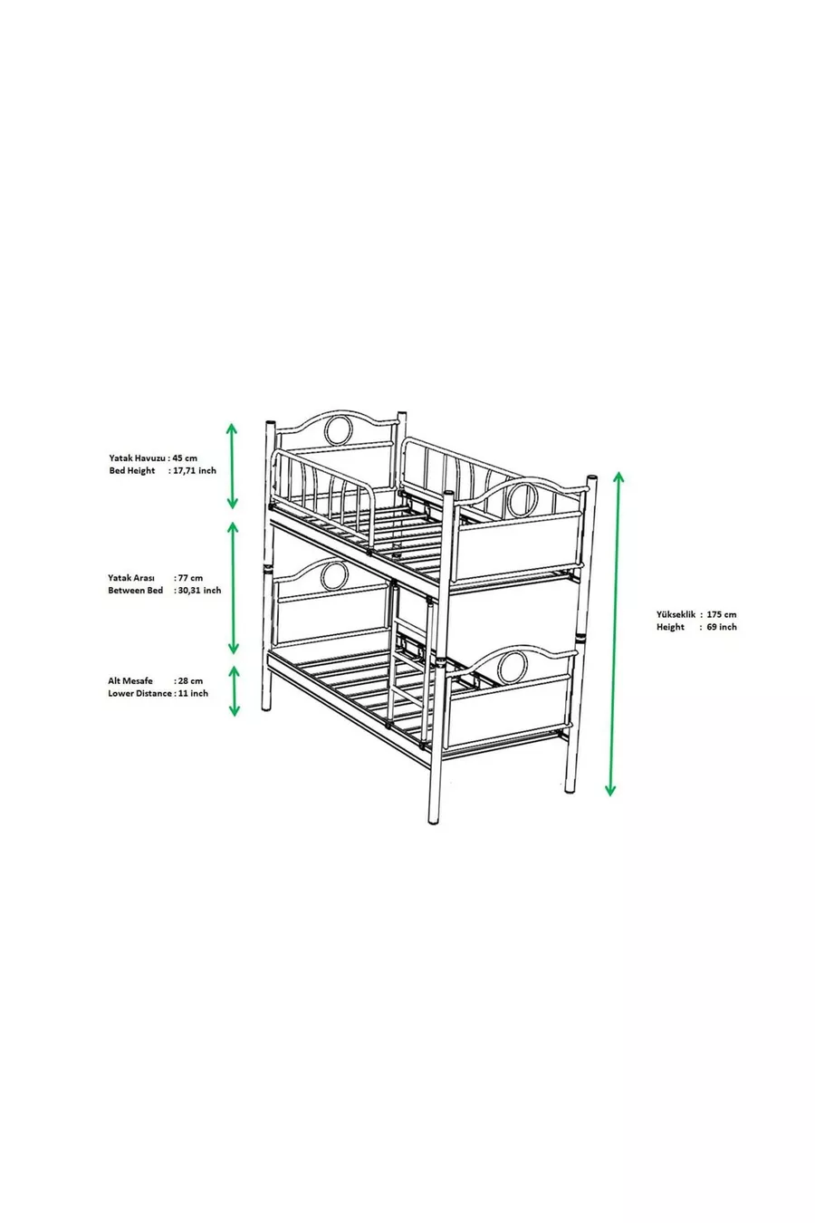 Chambre d'enfant Émeraude Lit superposé et lit en bois avec tête en métal Blanc Rose