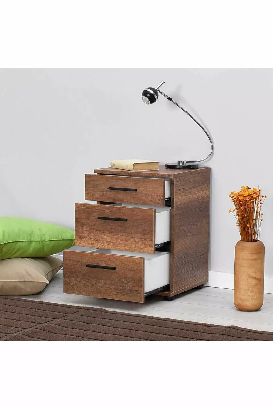 Table de chevet Trendline à 3 tiroirs - noyer foncé (noyer Oslo) Cm (l x P x H)