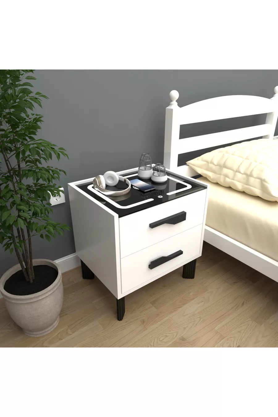Table de chevet avec LED blanches et unité de charge Diamond