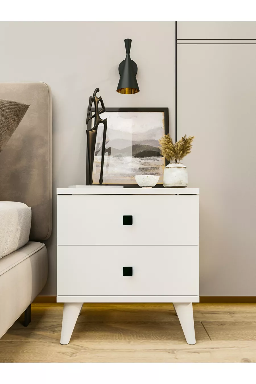 Table de chevet blanc brillant à 2 tiroirs pour chambre à coucher