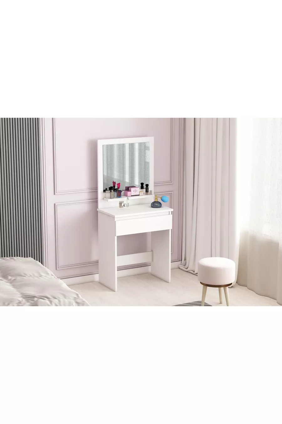 Coiffeuse Luna, avec étagères, tiroirs et miroir, blanche
