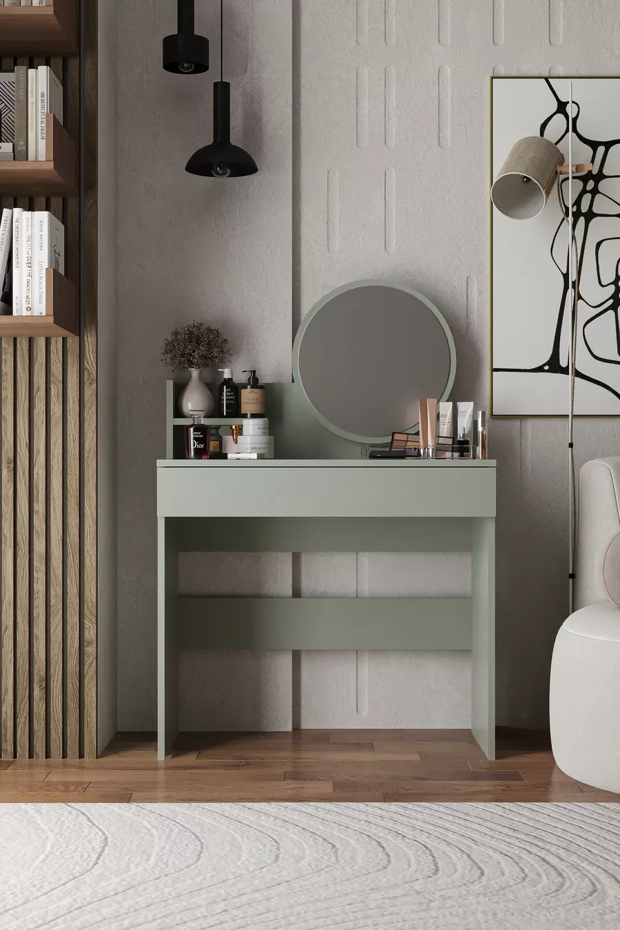 Table de maquillage Harmony à un tiroir (avec miroir rond)