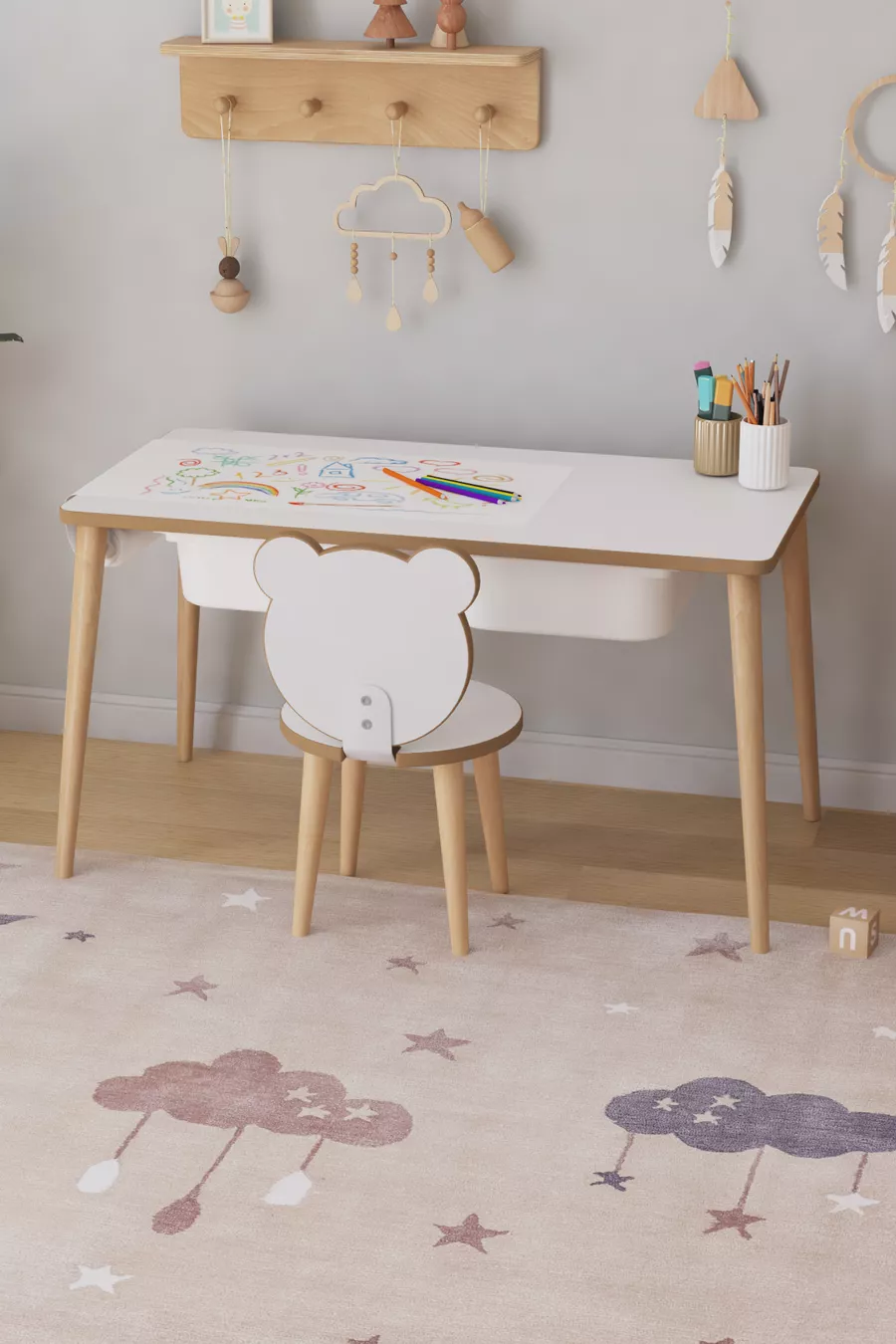 Table d'activité pour enfants avec rouleau de papier à dessin, 1 chaise et tiroir - Panda