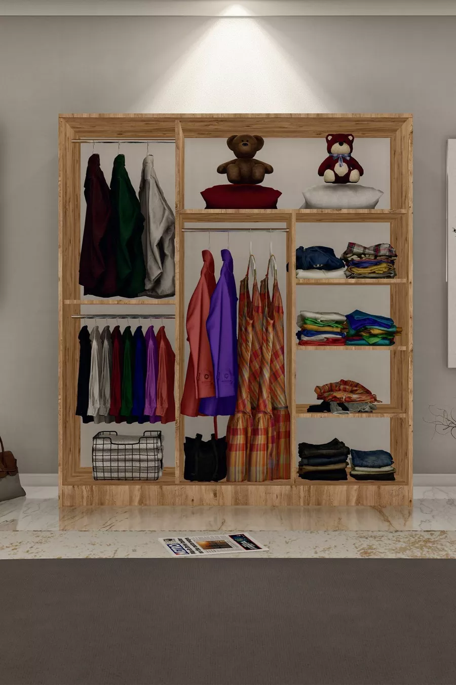 Armoire en anthracite gris GM  Sline 3 portes coulissantes avec tringles et étagères en pin Atlantique