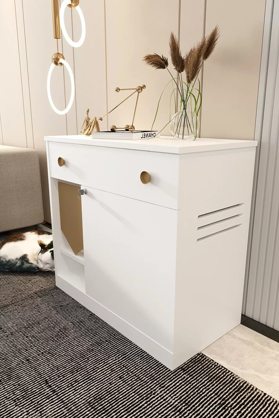 Litière pour chat en bois MONA avec tiroir - couvercle verrouillable - tissu d'entrée inclus - bac à litière non inclus - BLANC