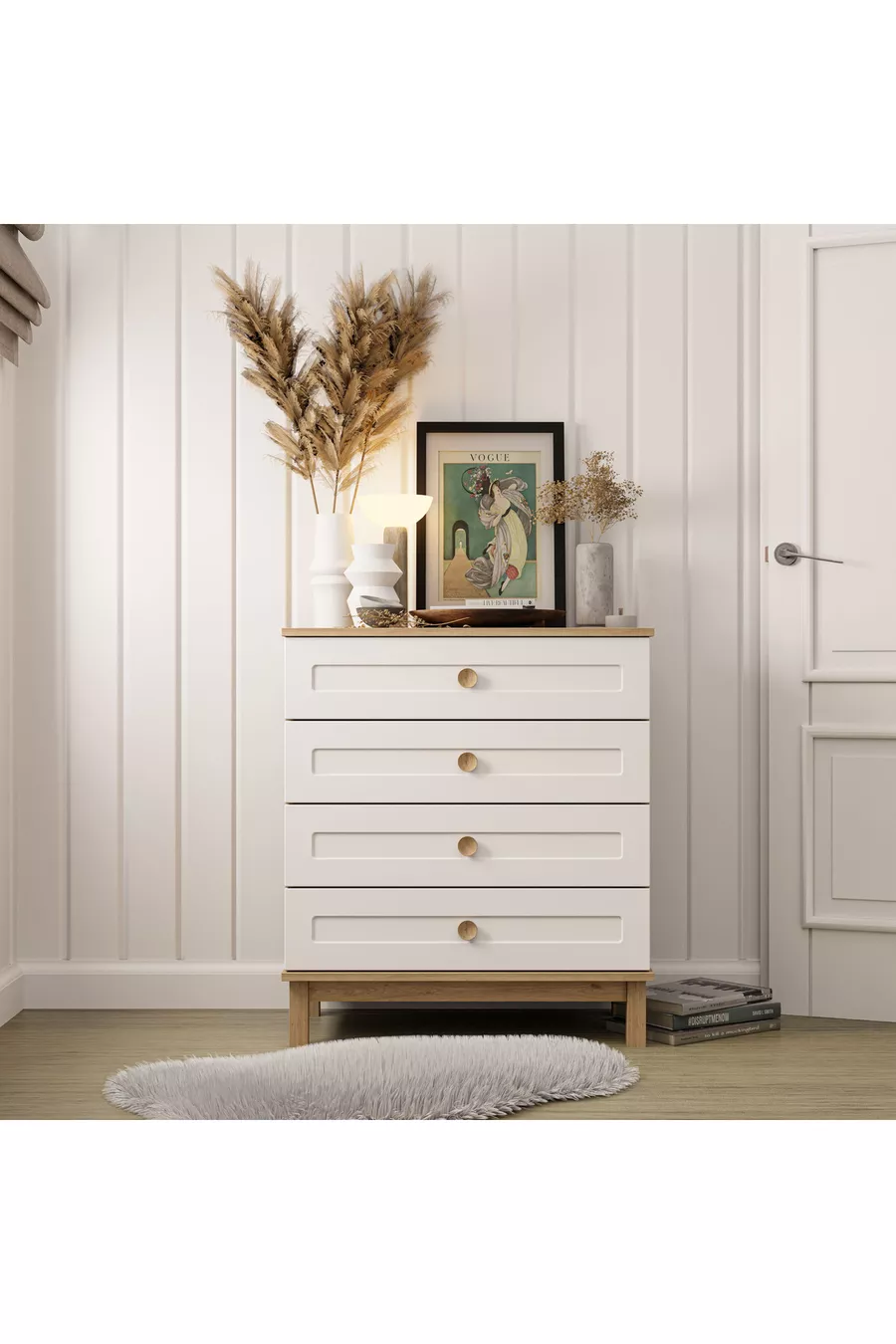 Commode à 4 tiroirs avec portes en MDF à ouverture télescopique (pieds en profilé MDF) - Blanc