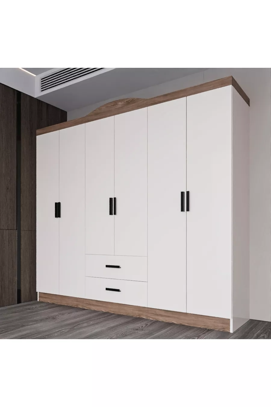 Armoire Bianca à 6 portes et 2 tiroirs, grande armoire & penderie, pin Atlantique & blanc