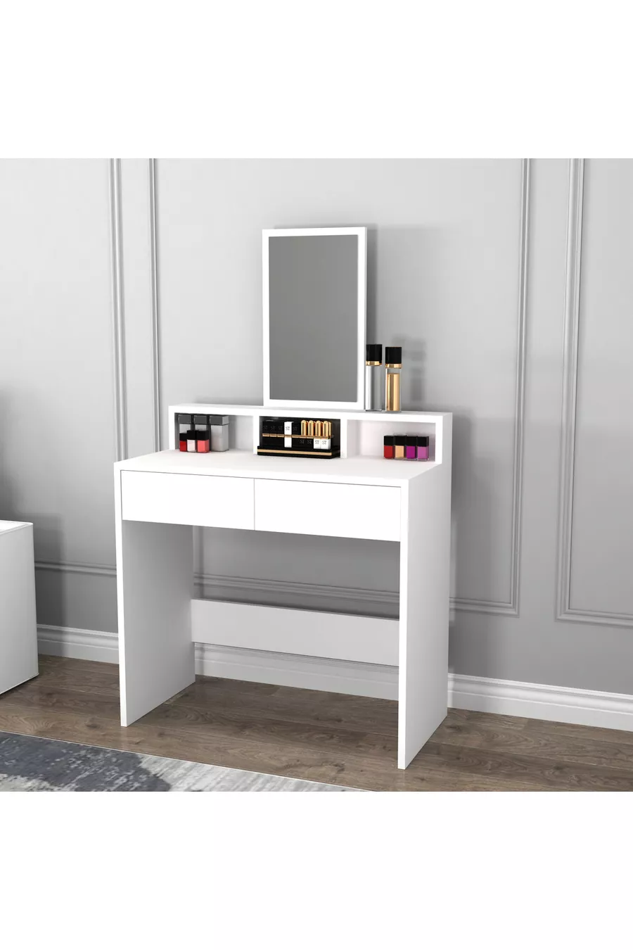 Coiffeuse moderne Luna avec miroir et tiroirs, blanche - Luna