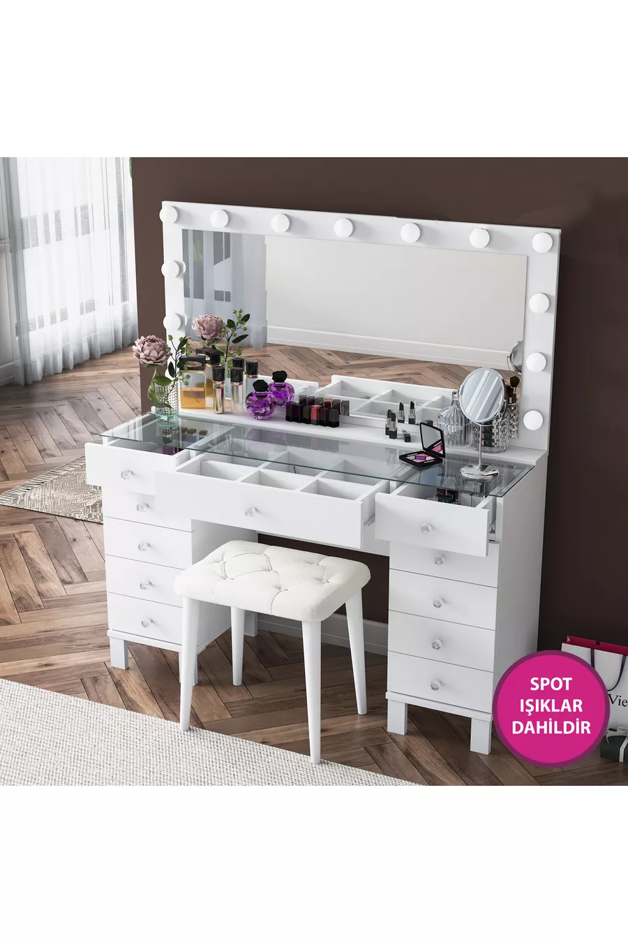 Rani Coiffeuse de Coulisses avec Miroir Illuminé Hollywood, Ensemble avec Tiroirs, Organisateur de Bijoux et Pouf, Blanc