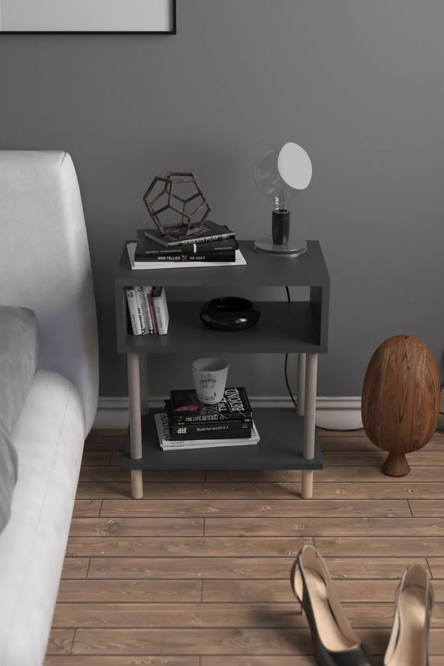Table de chevet moderne à 2 étagères pour chambre à coucher, organisateur de chevet avec pieds en bois - Anthracite