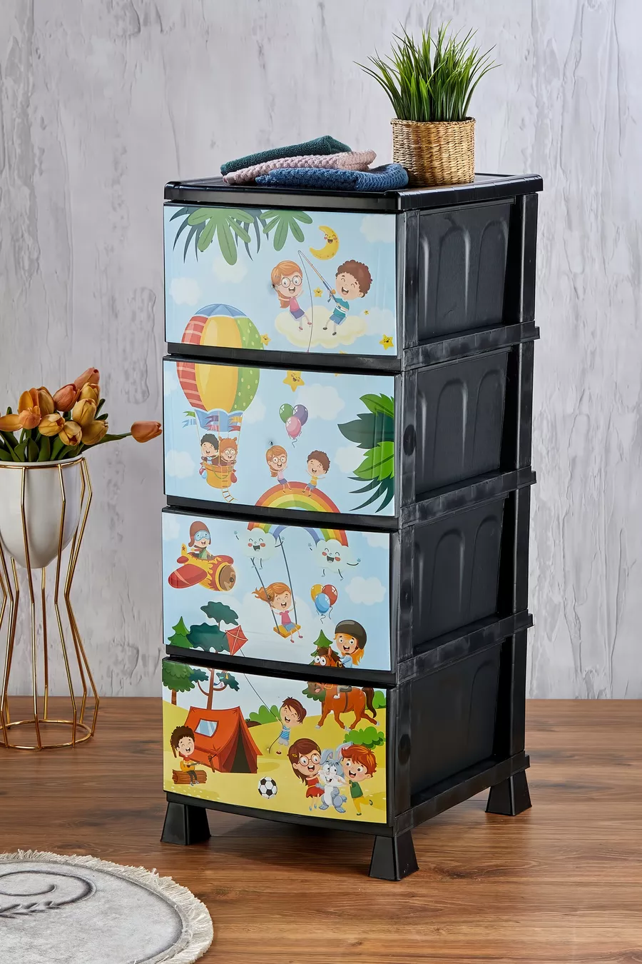 Chevet en plastique à 4 tiroirs avec motif enfant imprimé - pour jouets - panier à jouets