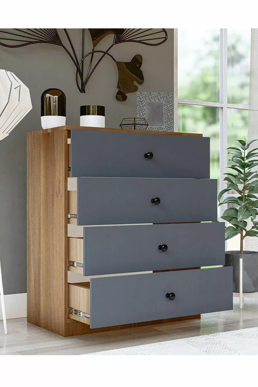 Commode GM Almina 4 tiroirs avec poignées boutons en gris anthracite-noisette