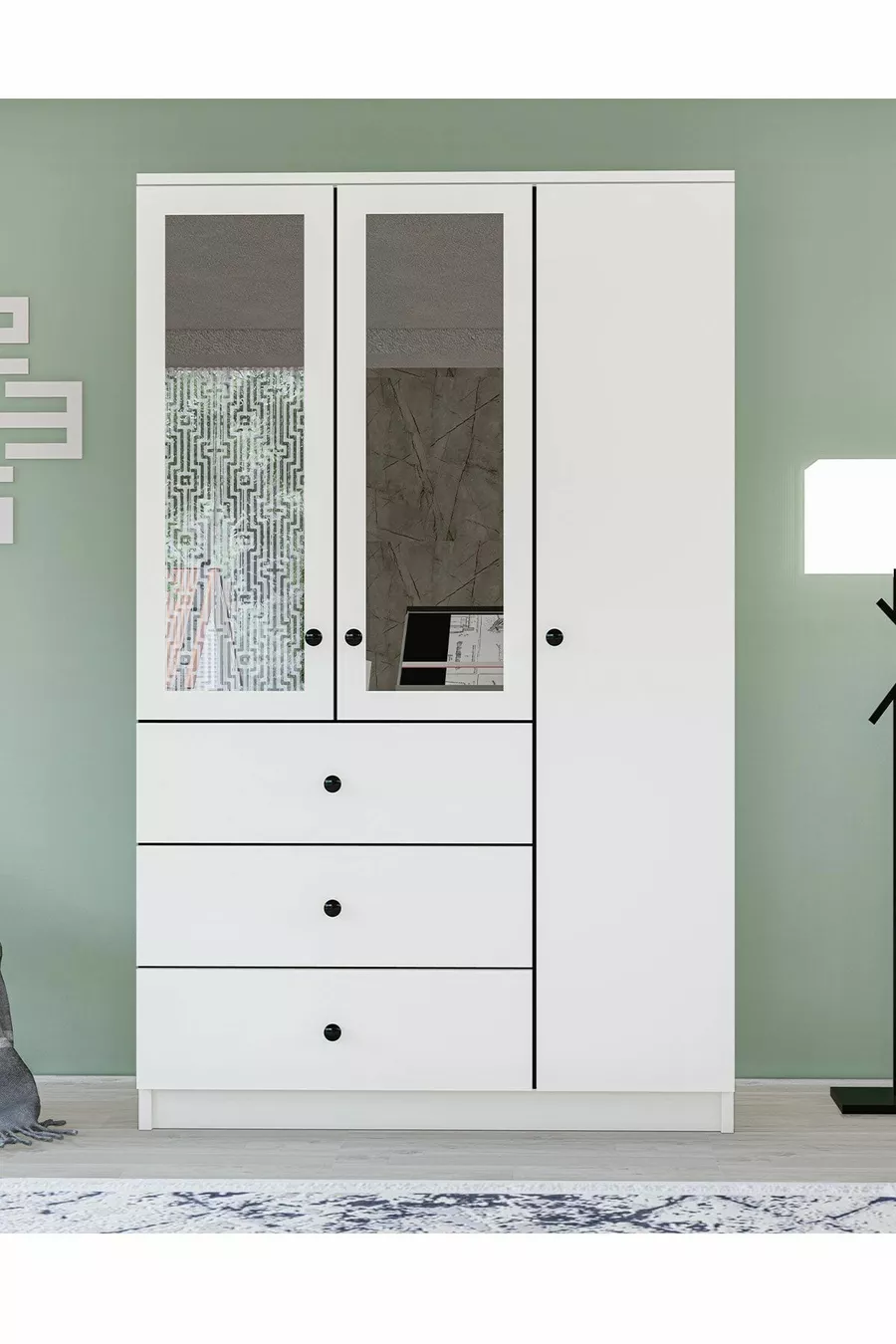 Gm  Ece Lüx Armoire 3 Portes 3 Tiroirs avec Miroir et Poignées Bouton