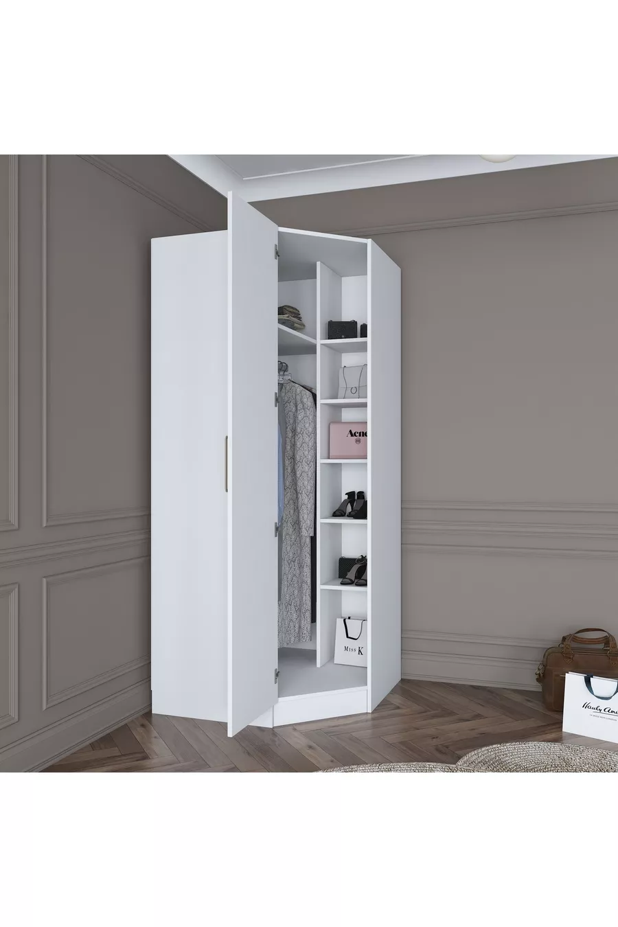 Rani  Module d'Angle Armoire 1 Porte avec 6 Étagères et Penderie Unité d'Angle Complémentaire Blanche