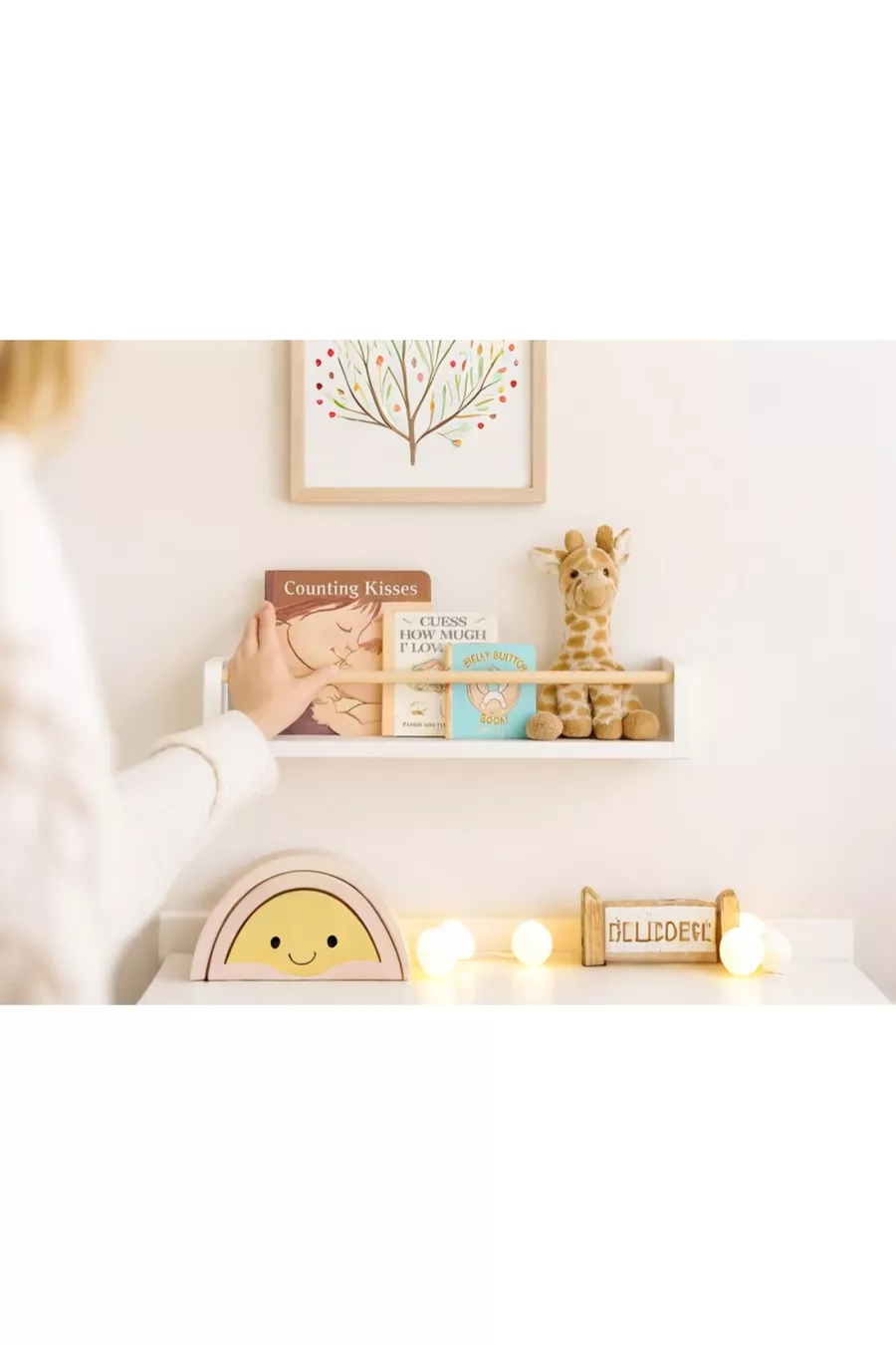 Bibliothèque murale Montessori à 2 étagères avec crochets, MDF blanc