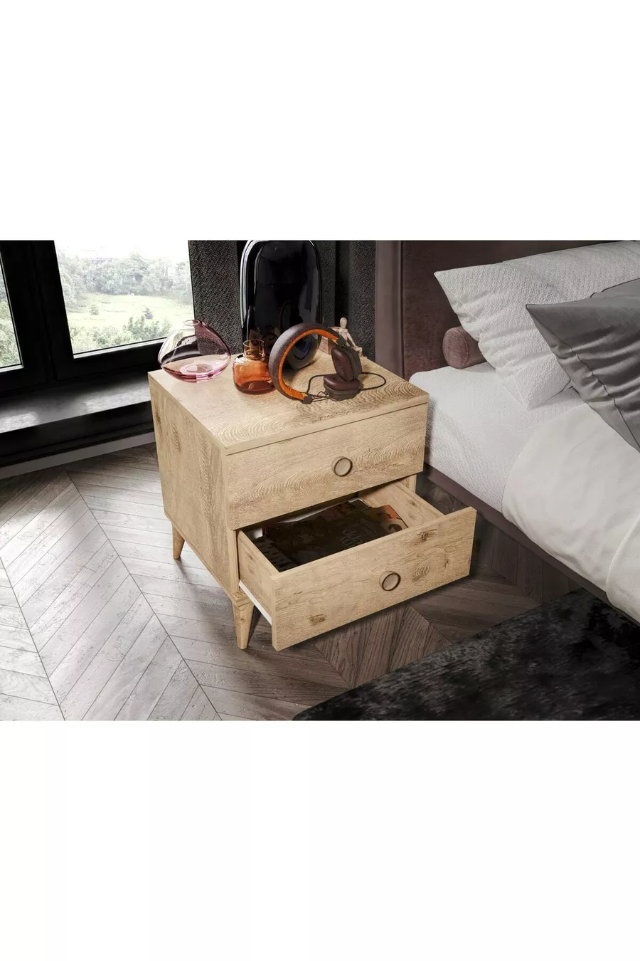 Table de chevet en chêne avec 2 tiroirs Fındık - MDFLAM de qualité supérieure
