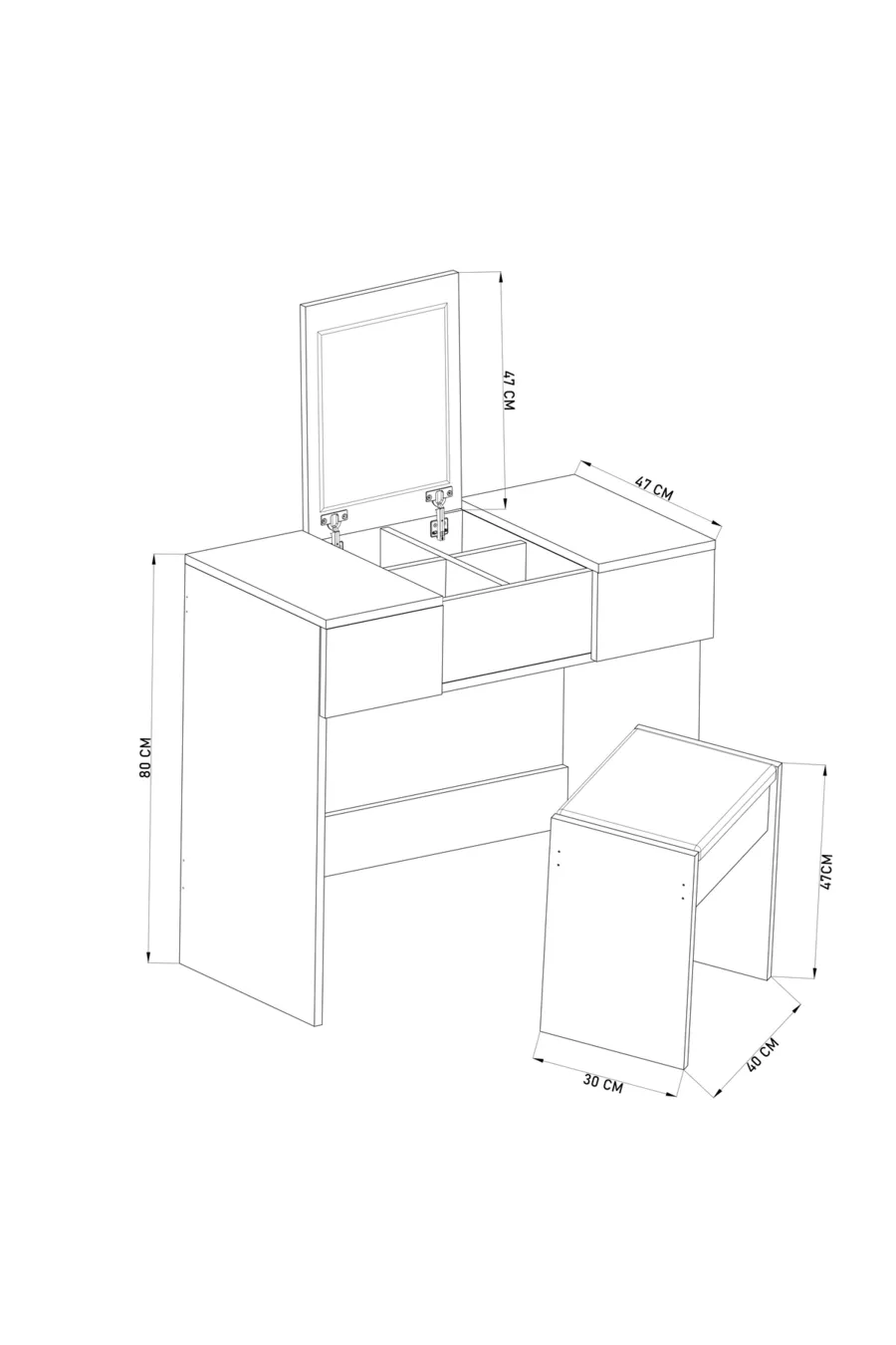 Coiffeuse avec miroir, pouf et tiroirs B Anka, blanc, avec organisateur pour chambre à coucher et siège
