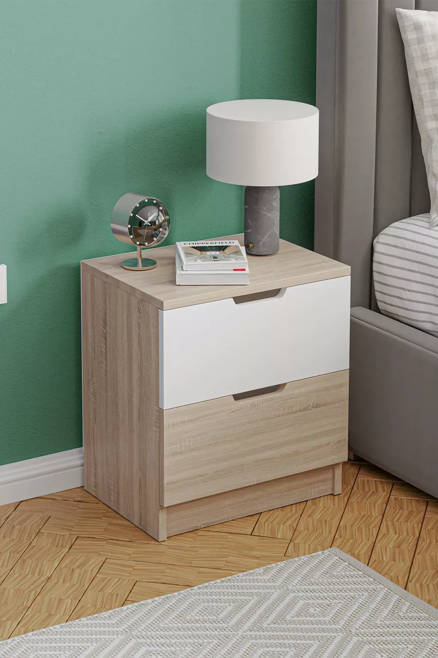 Table de chevet Lento 2 tiroirs Chambre à coucher Chambre de bébé Chêne blanc