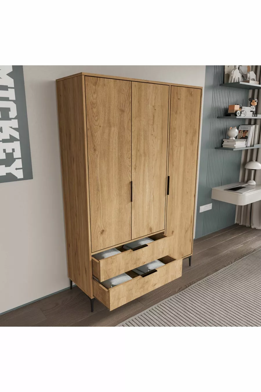 Armoire Aden à 3 portes avec tiroirs et paniers complets, penderie, armoire avec étagères
