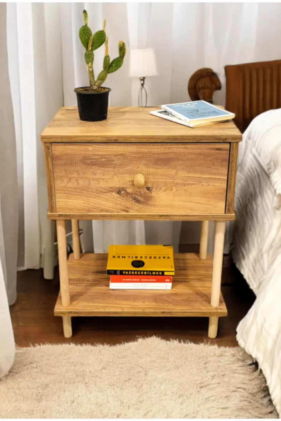 Table de chevet moderne avec étagère et couvercle rabattable, organiseur de chambre à coucher, table d'appoint avec pieds en bois
