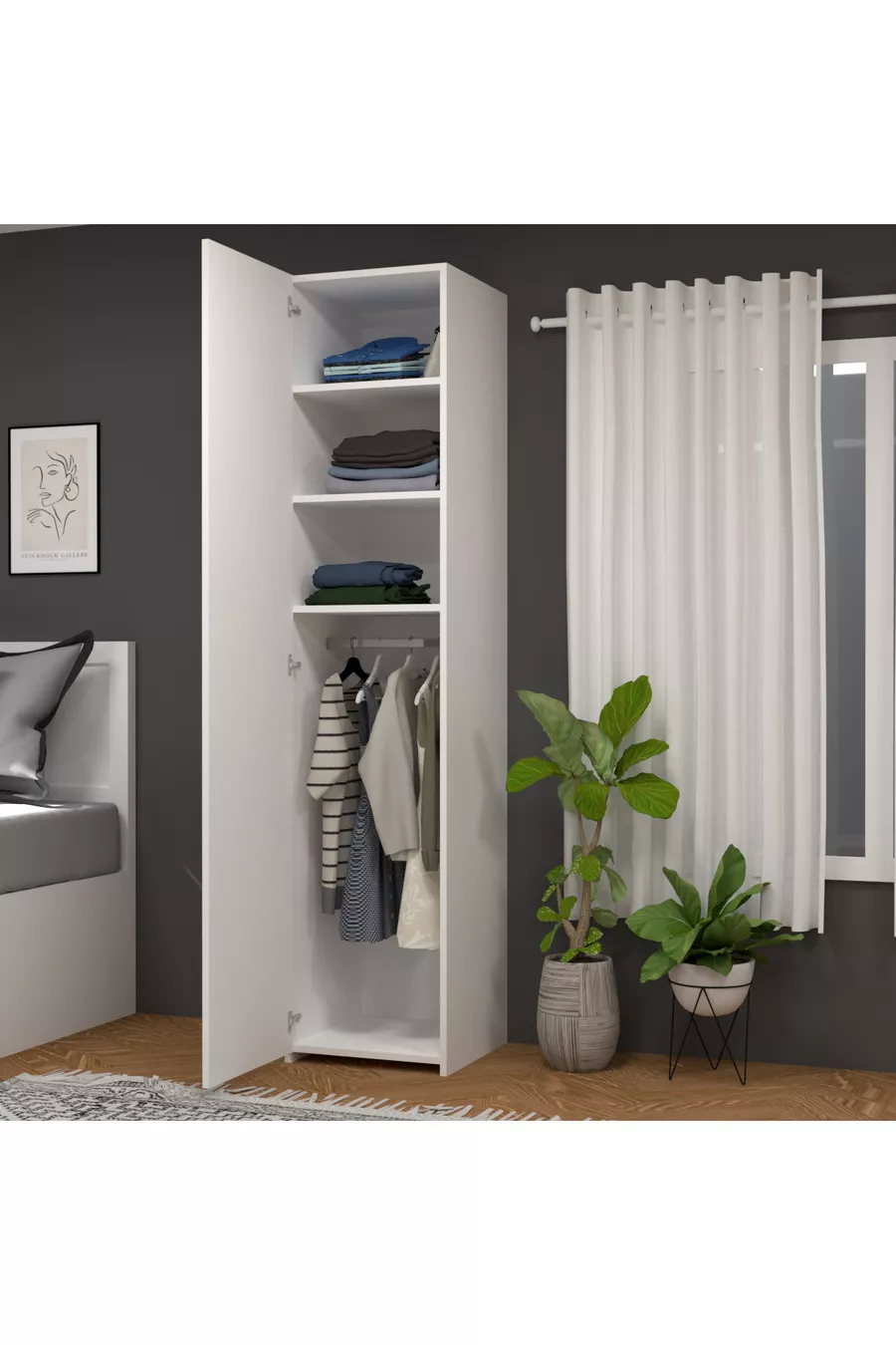 Armoire Blanche Retro-4 à 3 Étagères avec 1 Porte et Tringle
