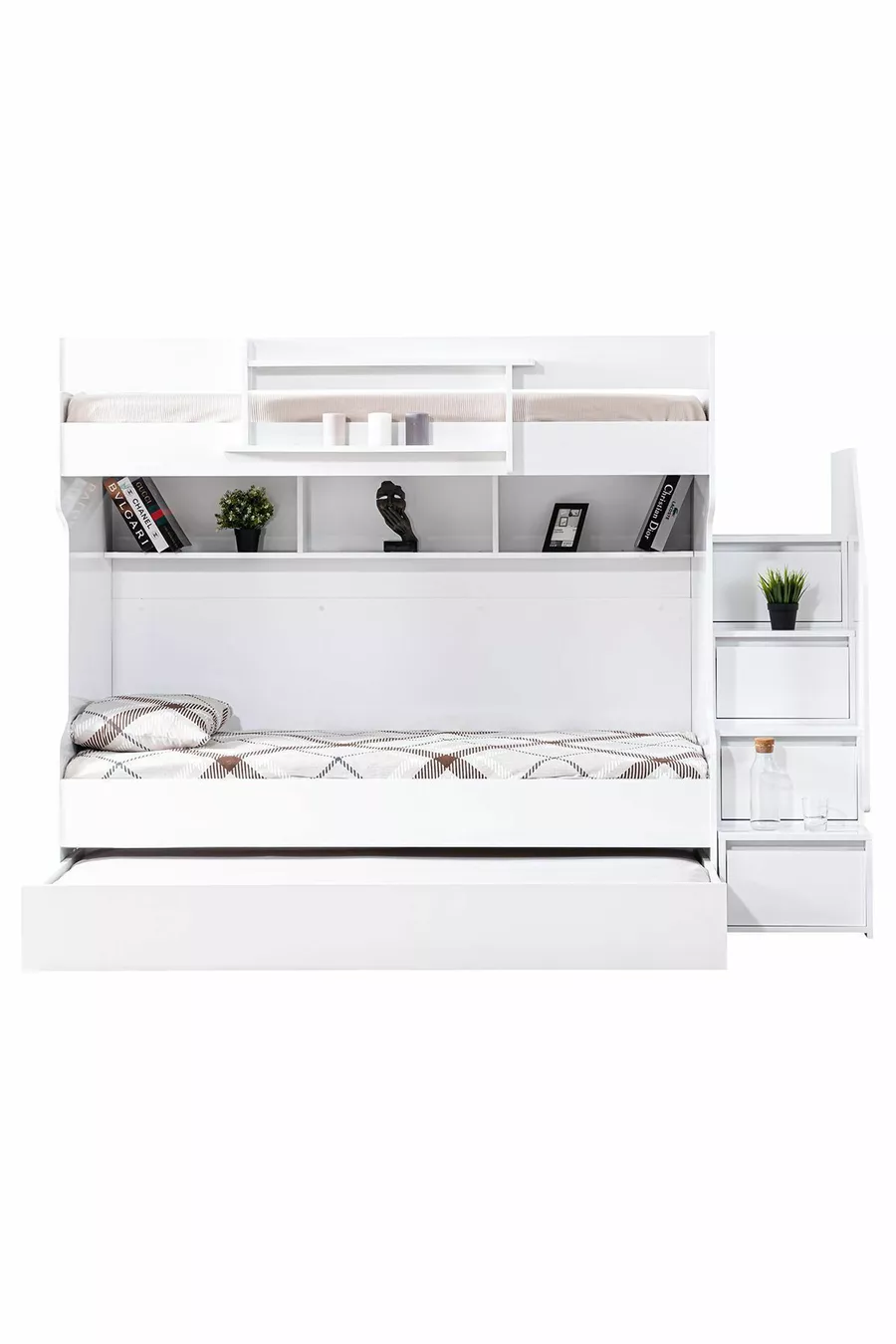 Lits superposés Ranza, courageux avec petit lit - Blanc, 3 matelas confort