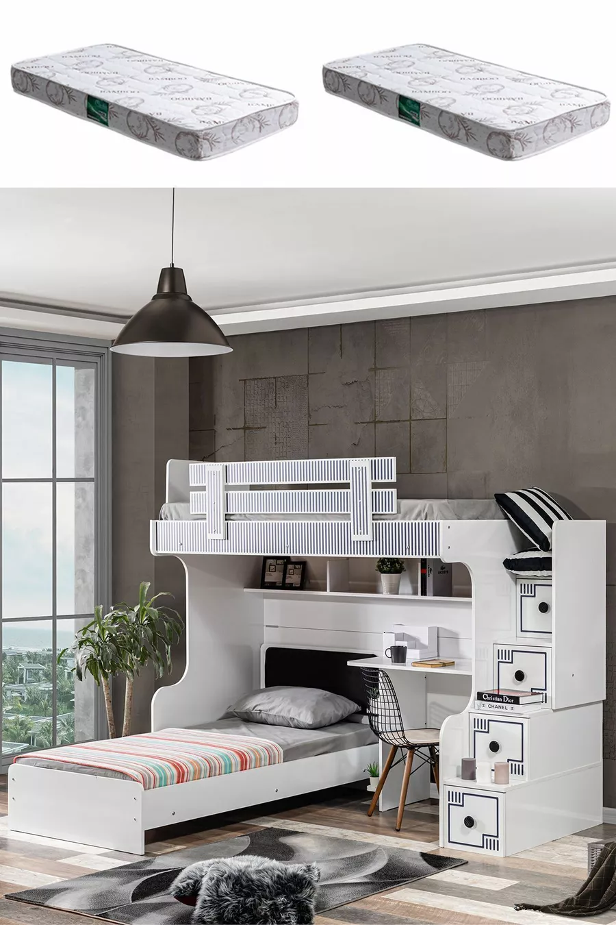 Lit superposé, Lit superposé avec cadre, Bureau, 2 matelas confort