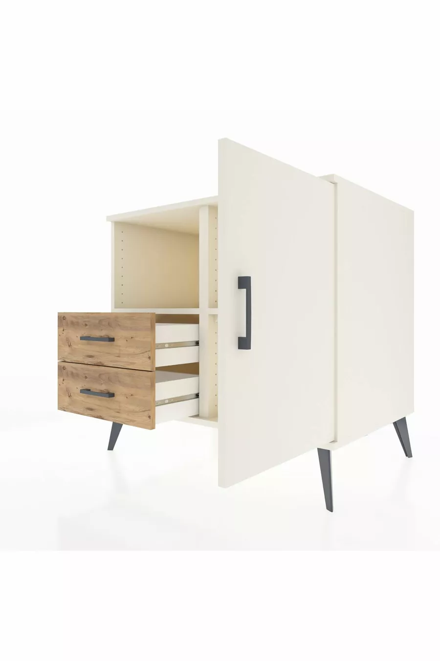 Commode Kronos avec 2 étagères, 2 tiroirs et 1 porte, Pierre de lune/Pierre de lune/Pin
