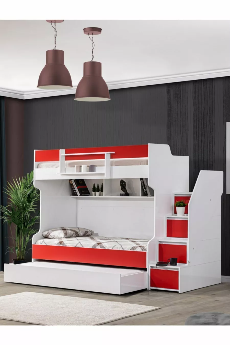 Lits superposés, Lit superposé Courageux avec petit lit - Rouge 2 matelas confort