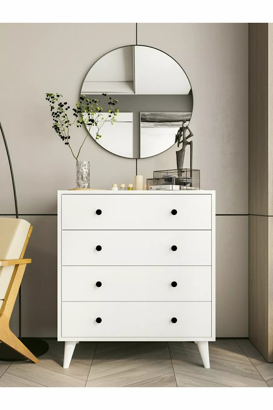 Commode Blanche Brillante 4 Tiroirs Country Commode Chevet en Bois