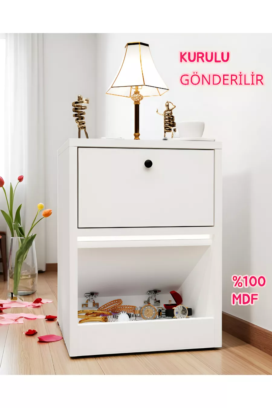 Table de chevet avec serrure et compartiment secret, MDF, livré monté, pas besoin d'assemblage