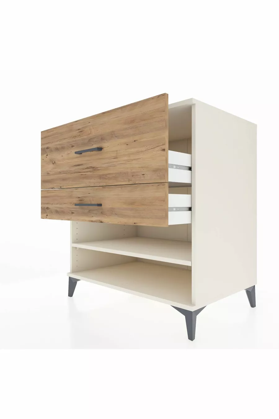 Commode Kronos avec une étagère et 2 tiroirs, Pierre de Lune-Pin