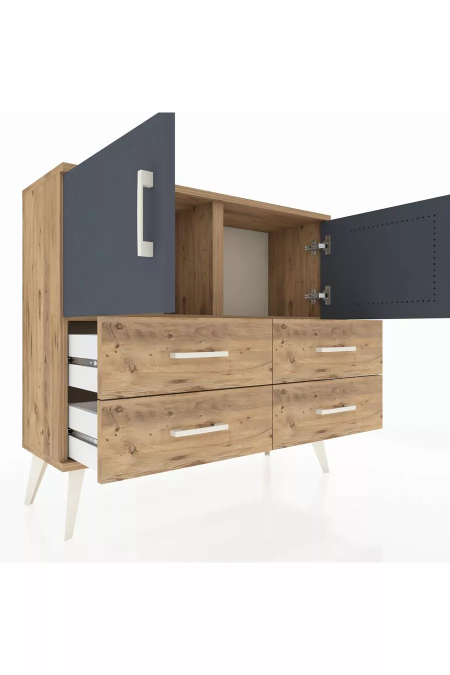 Commode Arges avec 2 étagères, 4 tiroirs et 2 portes, Pin-Anthracite/Pin