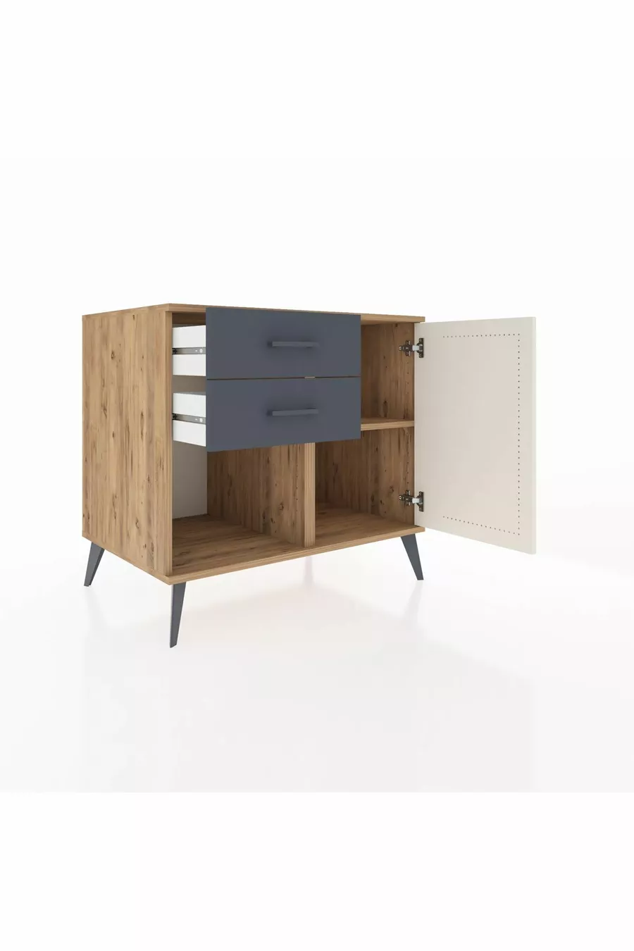 Commode Kronos à une étagère, 2 tiroirs et une porte, pin-gris anthracite