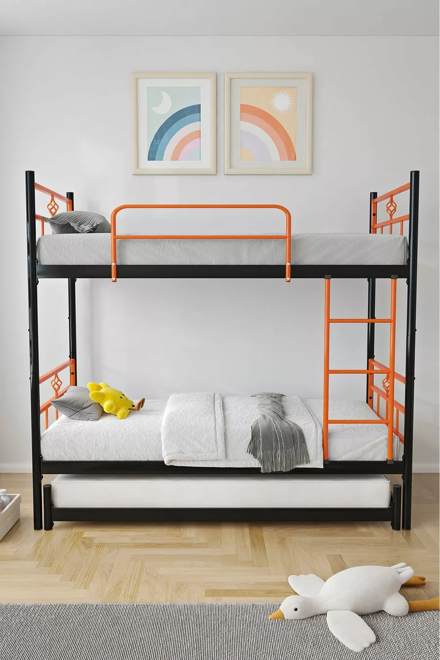 Lit superposé Koza avec tiroirs, compatible avec trois personnes, métal orange