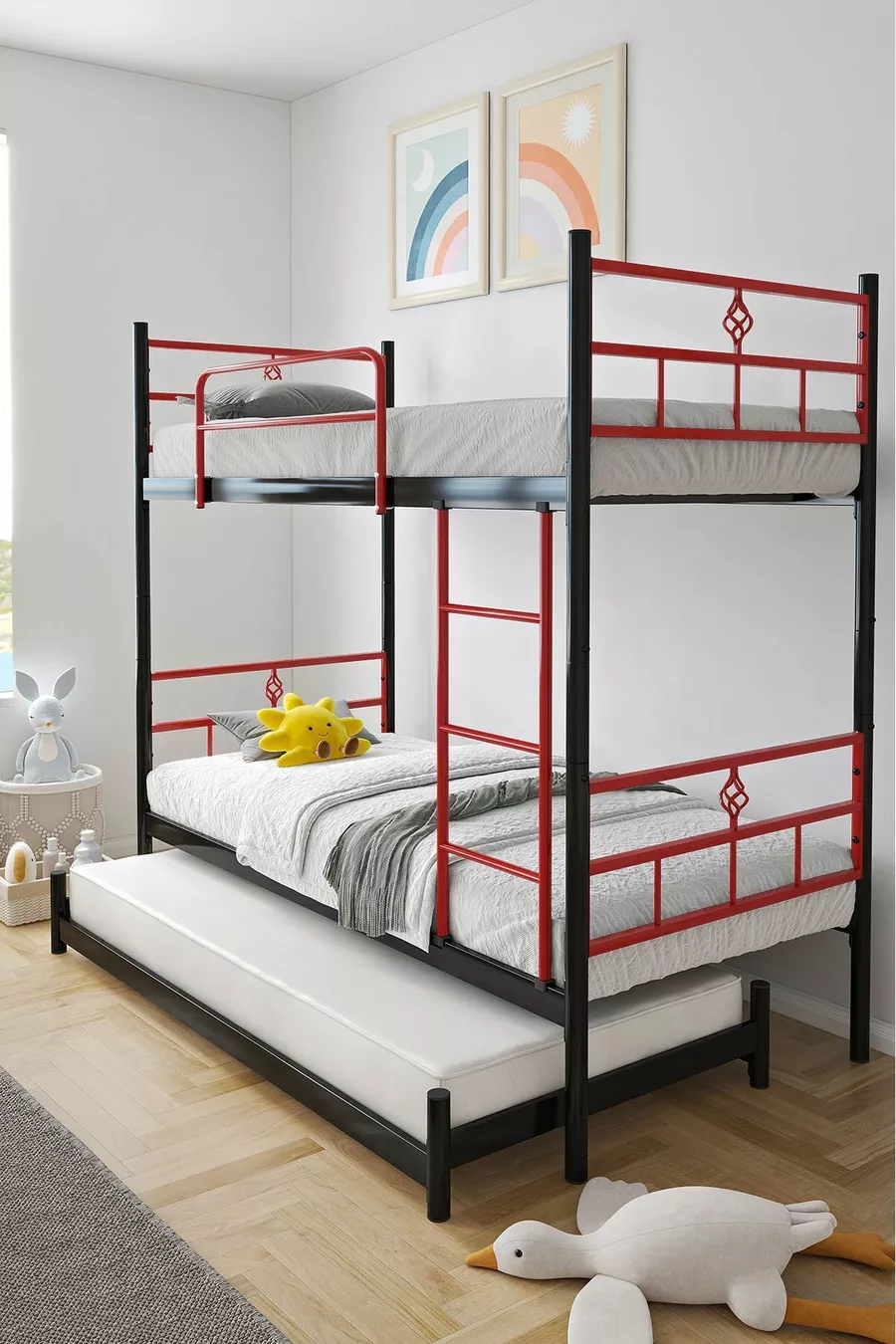 Lit superposé Koza avec tiroirs, compatible avec trois personnes, métal rouge