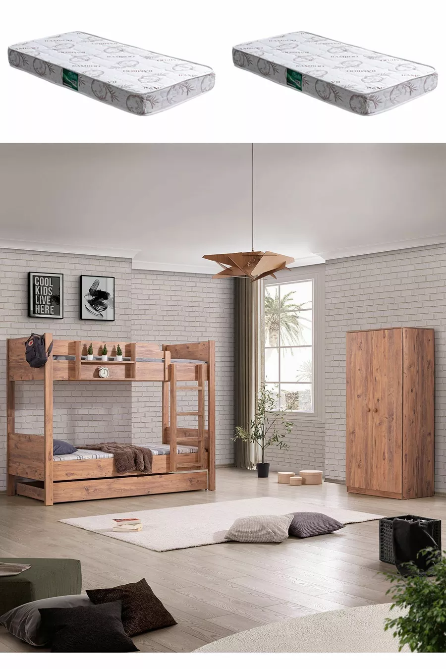 Lit superposé, lit superposé avec rampes amovibles pour enfants en Asie, armoire à 2 portes, 2 matelas Comfort