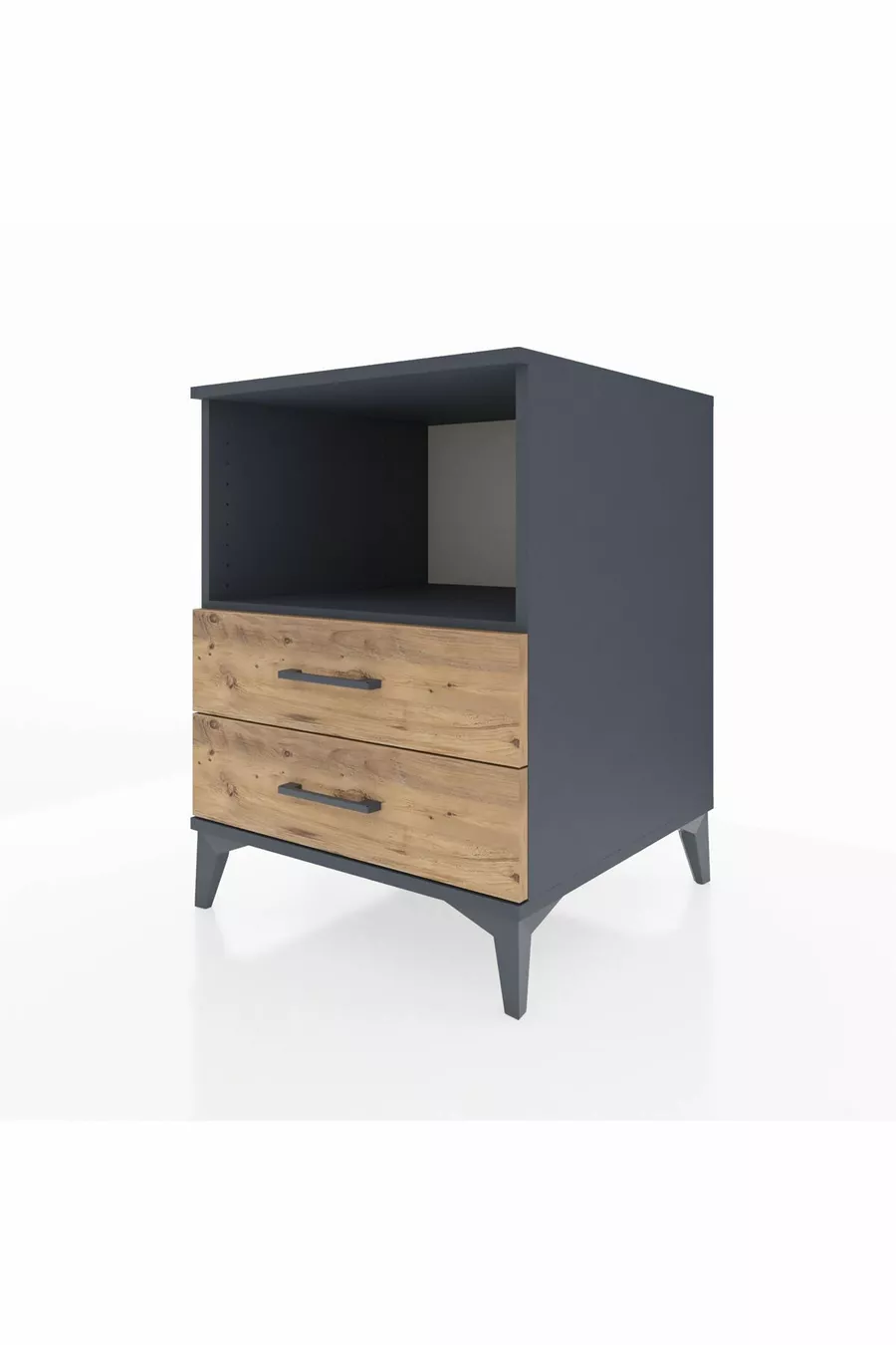 Table de chevet Kronos avec une étagère et 2 tiroirs Anthracite-Bois de pin