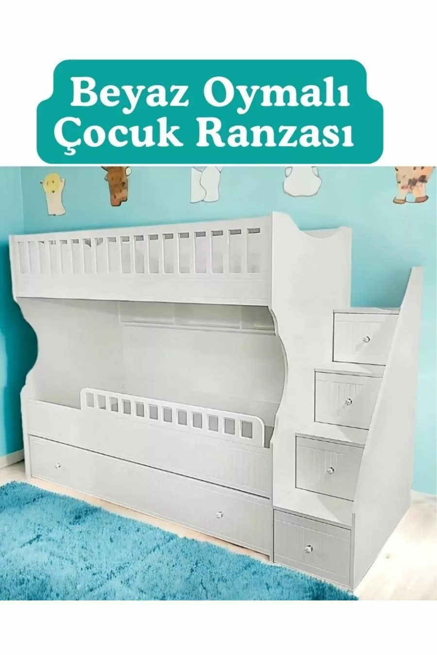 Lit superposé pour enfants en bois blanc sculpté