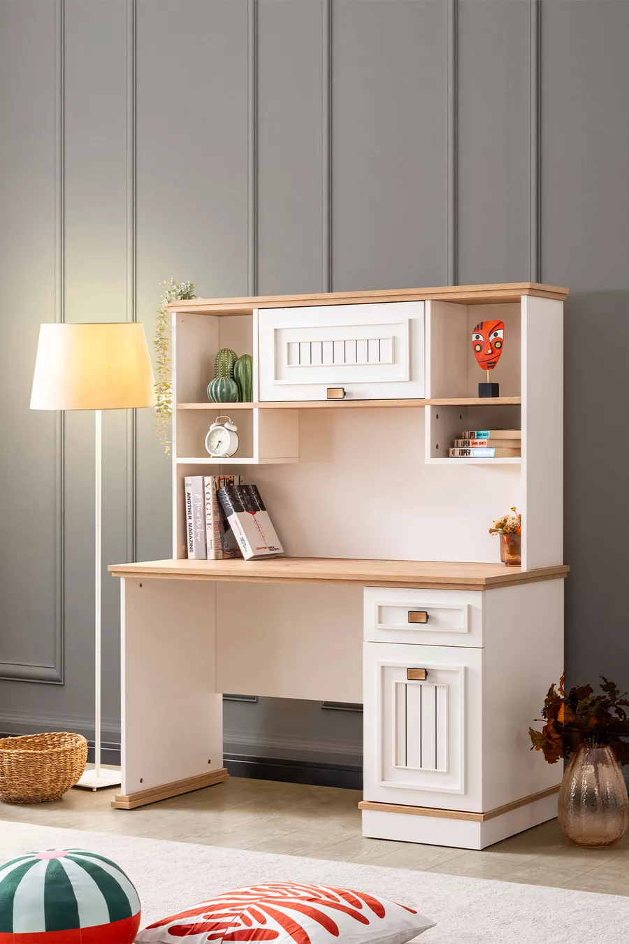 Chambre d'adolescent, Armoire Zenit à 3 portes, Lit simple avec barreaux et tiroirs, Bureau